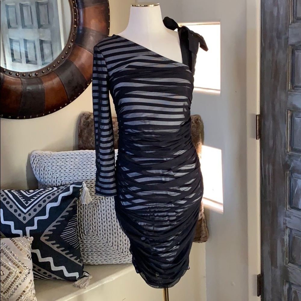 BCBGMAXAZRIA striped mesh mini dress